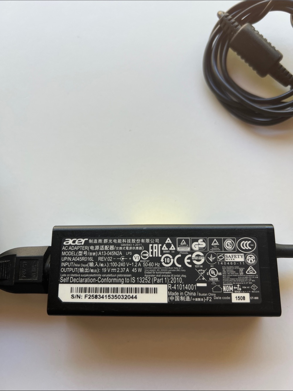 Acer Black AC Power Adapter with Integrated Cable
